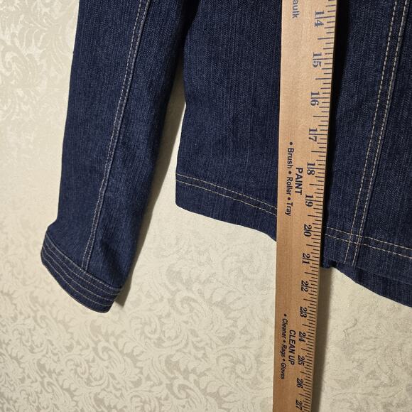 VTG Live A Little Denim Jacket sz L Blue Snap Front Pockets Fitted Top Stitched - Picture 15 of 16